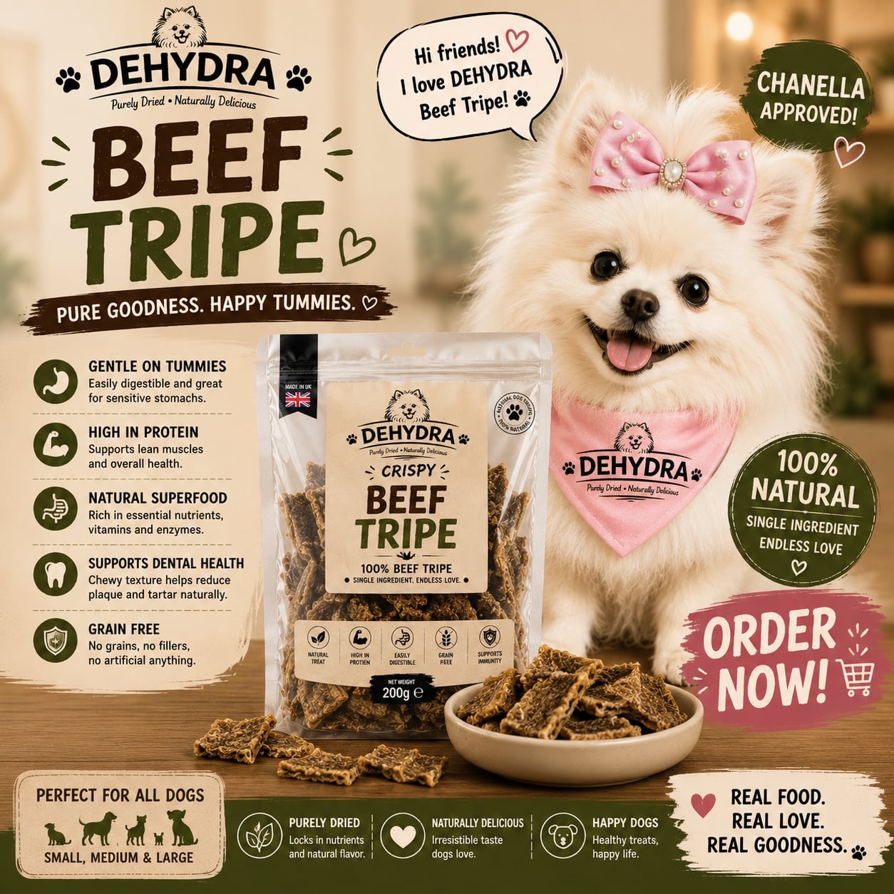 Dogs enjoying DEHYDRA beef tripe