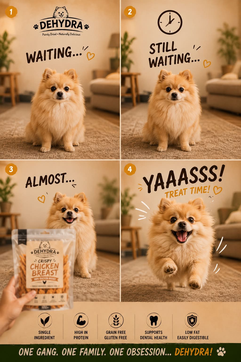 DEHYDRA brand story featuring a dog waiting for treat time